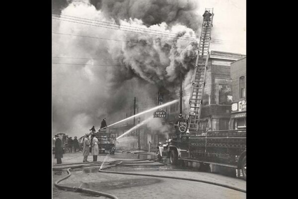 Aerial No. 1A, right, in action at Adelman’s clothing store fire on Chatham St. East on December 14, 1948