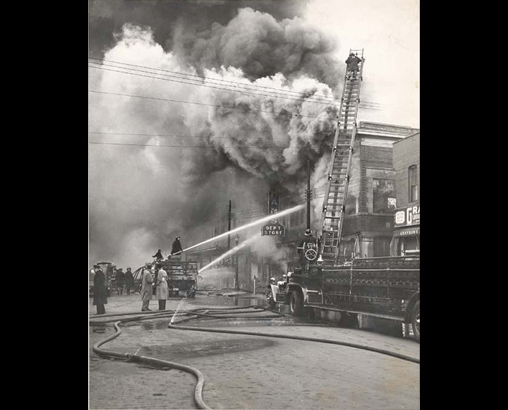 Aerial No. 1A, right, in action at Adelman’s clothing store fire on Chatham St. East on December 14, 1948