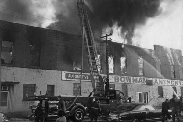The Junior Aerial in action at the Bowman-Anthony Co. fire on Benjamin St., May 21, 1967