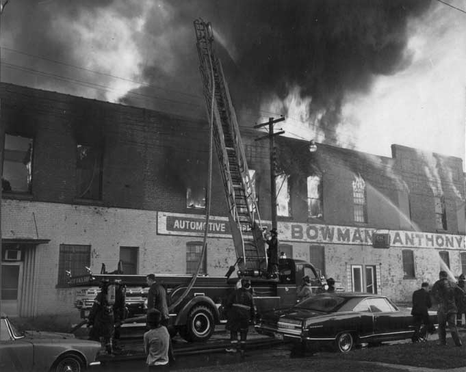 The Junior Aerial in action at the Bowman-Anthony Co. fire on Benjamin St., May 21, 1967