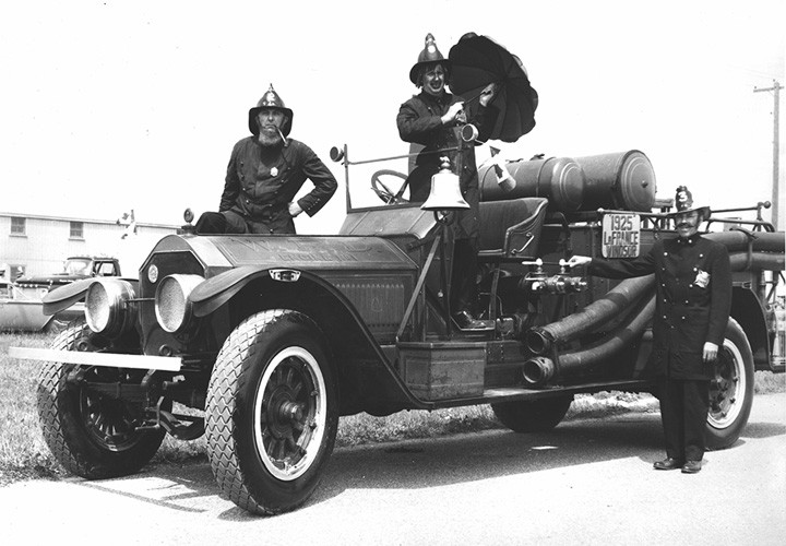 W.F.D. Clowns John Rogers, Jim Meyers and Mark Learmonth with the 1925 LaFrance, 1967