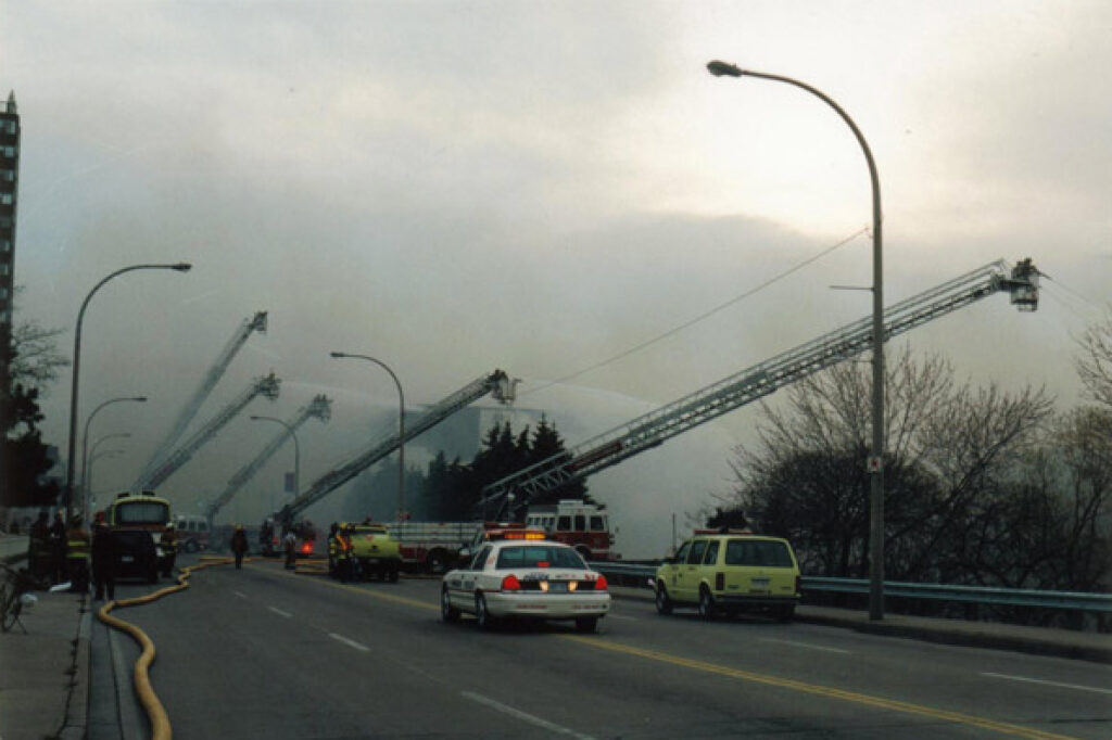 All five Sutphens in action at Holiday Inn fire, April 8, 1999