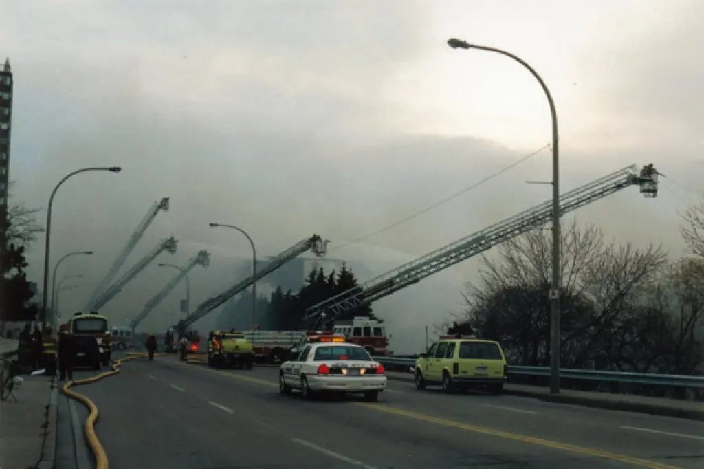 All five Sutphens in action at Holiday Inn fire, April 8, 1999